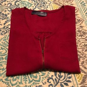 Burgundy Short Sleeve Zip Blouse